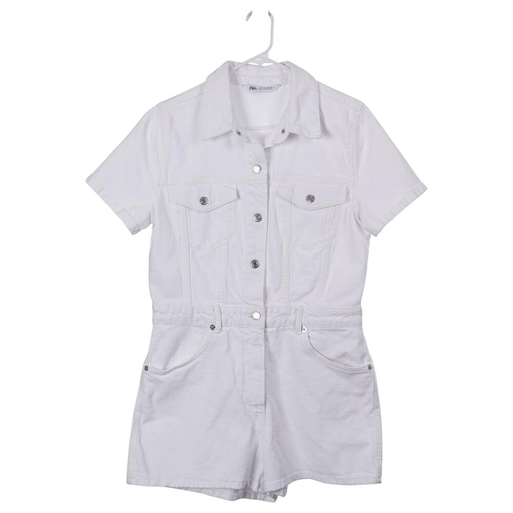 ZARA Romper L White Denim Cotton Blend Pockets Collared Short Sleeve Playsuit